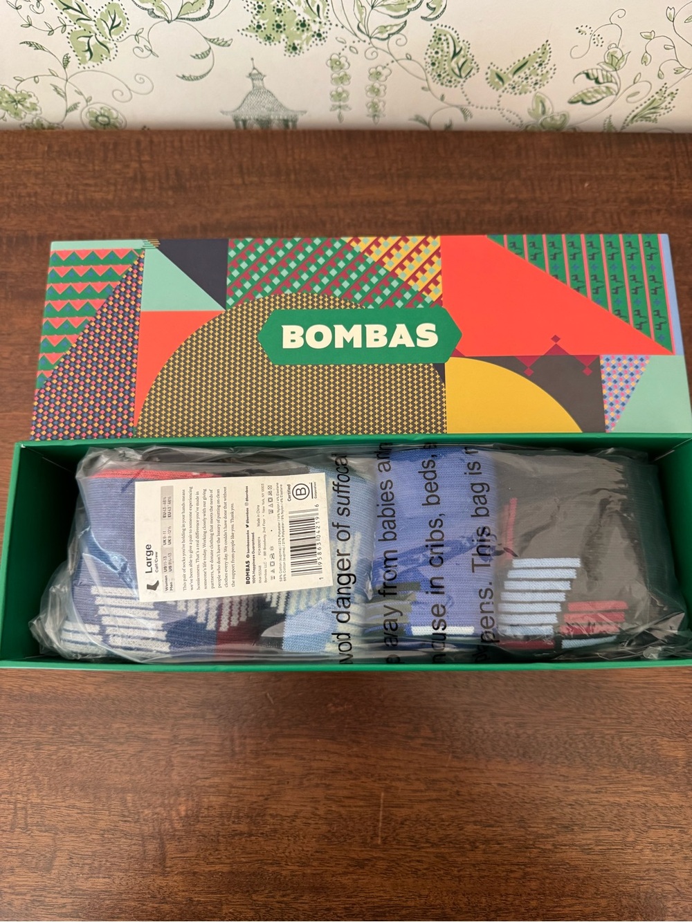 Bombas Men's / women’s Crew Socks in Navy, Light Blue, Red and Gray Stripes
